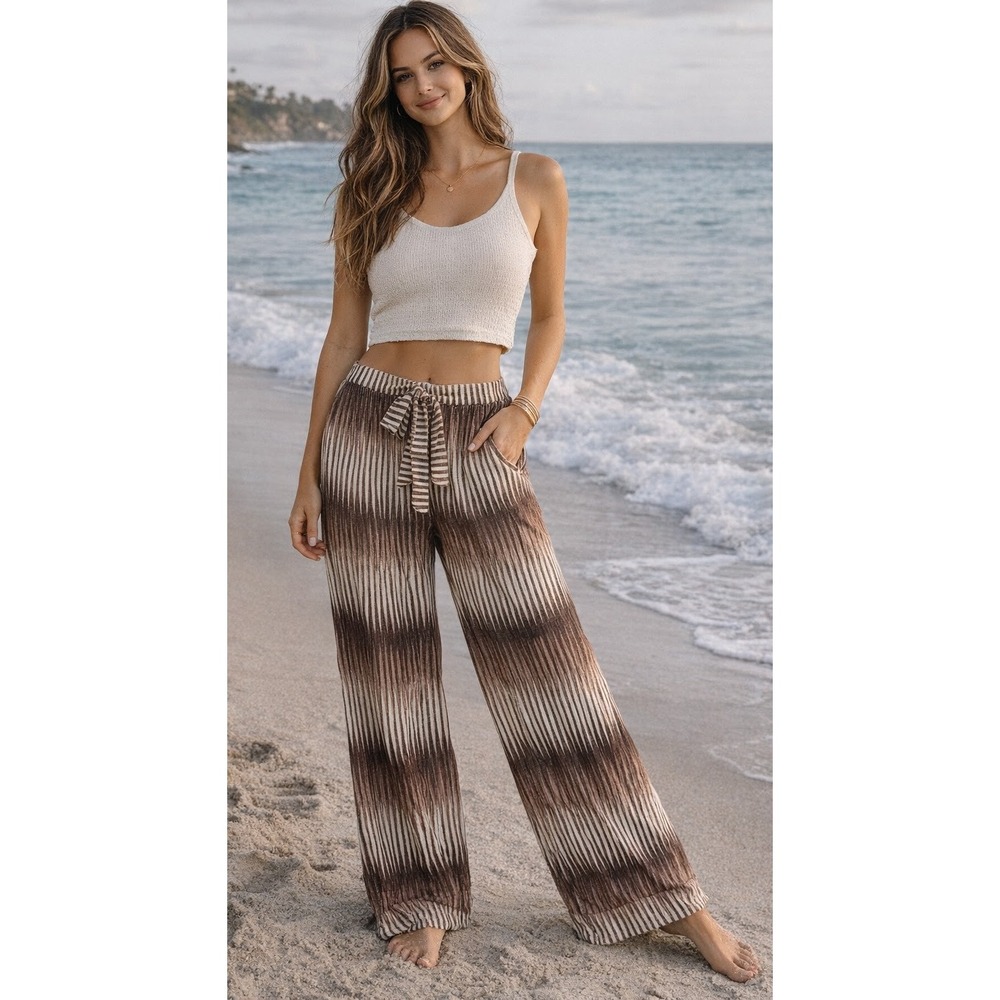 Sunsetions Brown Cream Striped Wide Leg Beach Pants M Boho Tie Waist